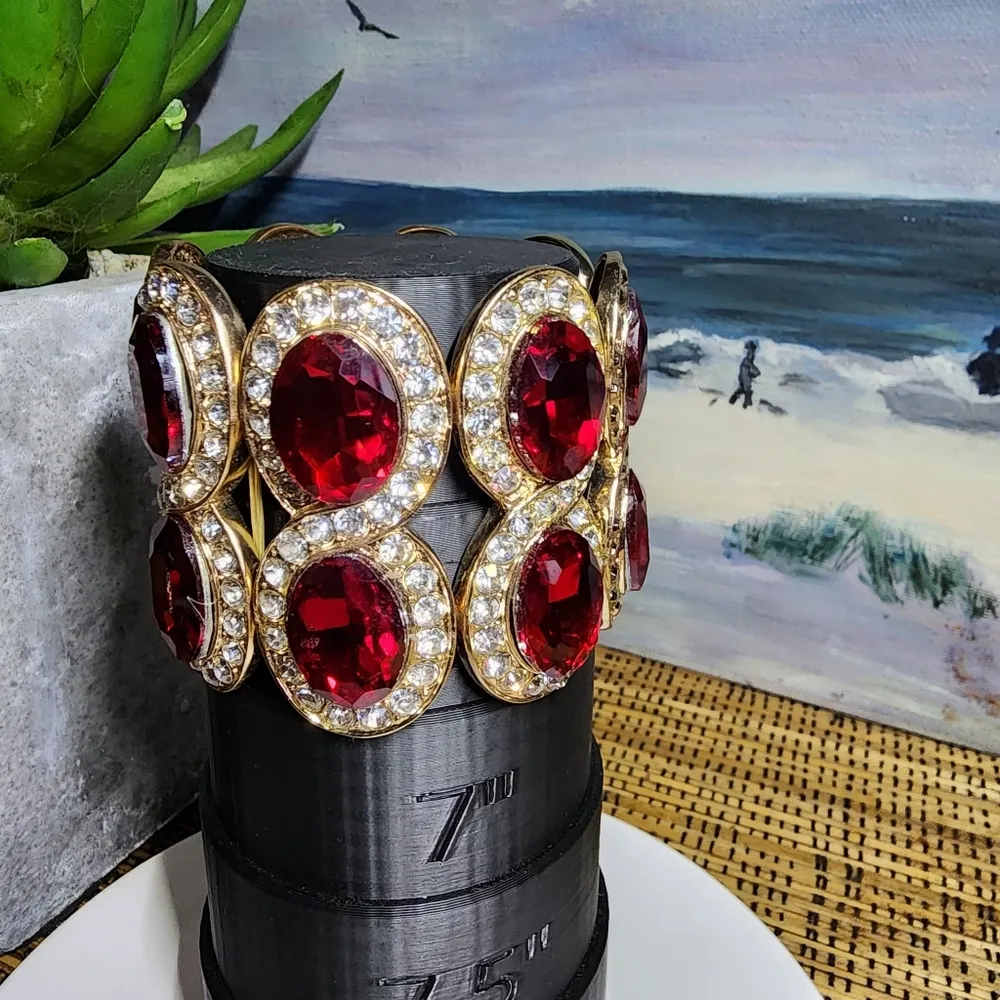 Stretch Statement Bracelet Gold with Red Crystal Stones - Image 6