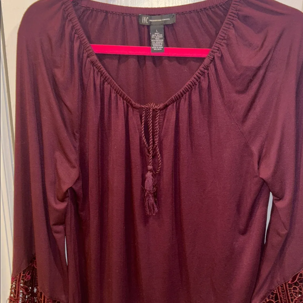 INC BRAND…MAROON COLOR BLOUSE VELVET DESIGN ON CUFF OF SLEEVES TIE CLOSURE Red Size L - Image 2