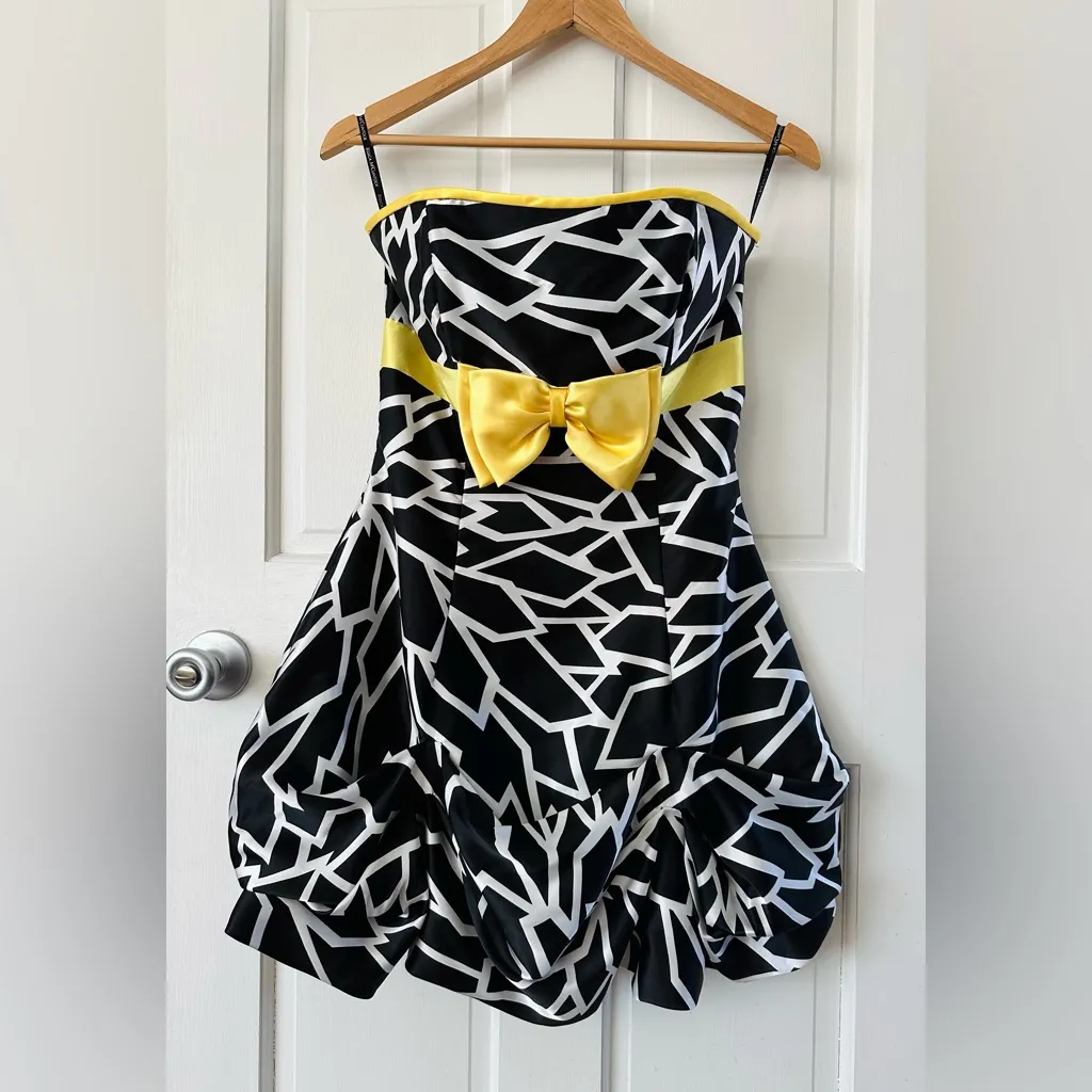 Vintage 80s GUNNE SAX‎ Jessica McClintock Black Yellow Bow Bubble Hem Dress XS - Image 2