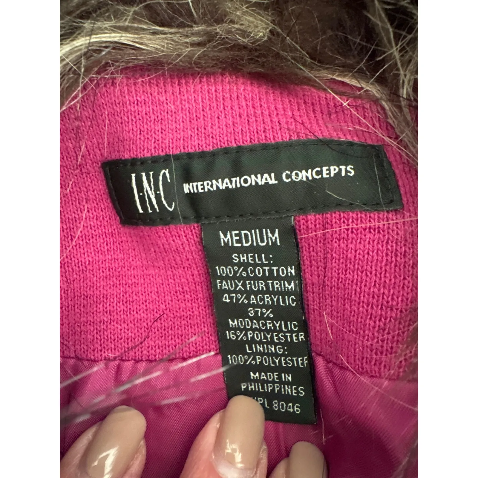 INC International Concepts Hot Pink Faux Fur Trim Belted Coat Medium - Image 5