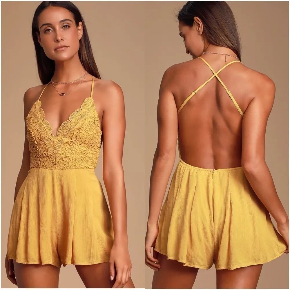 LULU’S Star Spangled Mustard Yellow Backless Lace Romper - Image 2