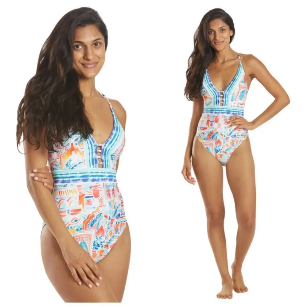 💕LA BLANCA💕 Terra Print Plunge Neck One-Piece Swimsuit ~ 10 Tera Italia NWT - Image 7