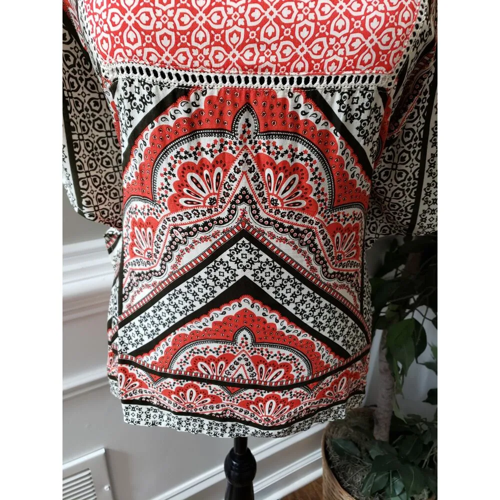 Cato Blouse Women M Red White Black Geometric Print Boho Rayon Cotton Top - Image 4