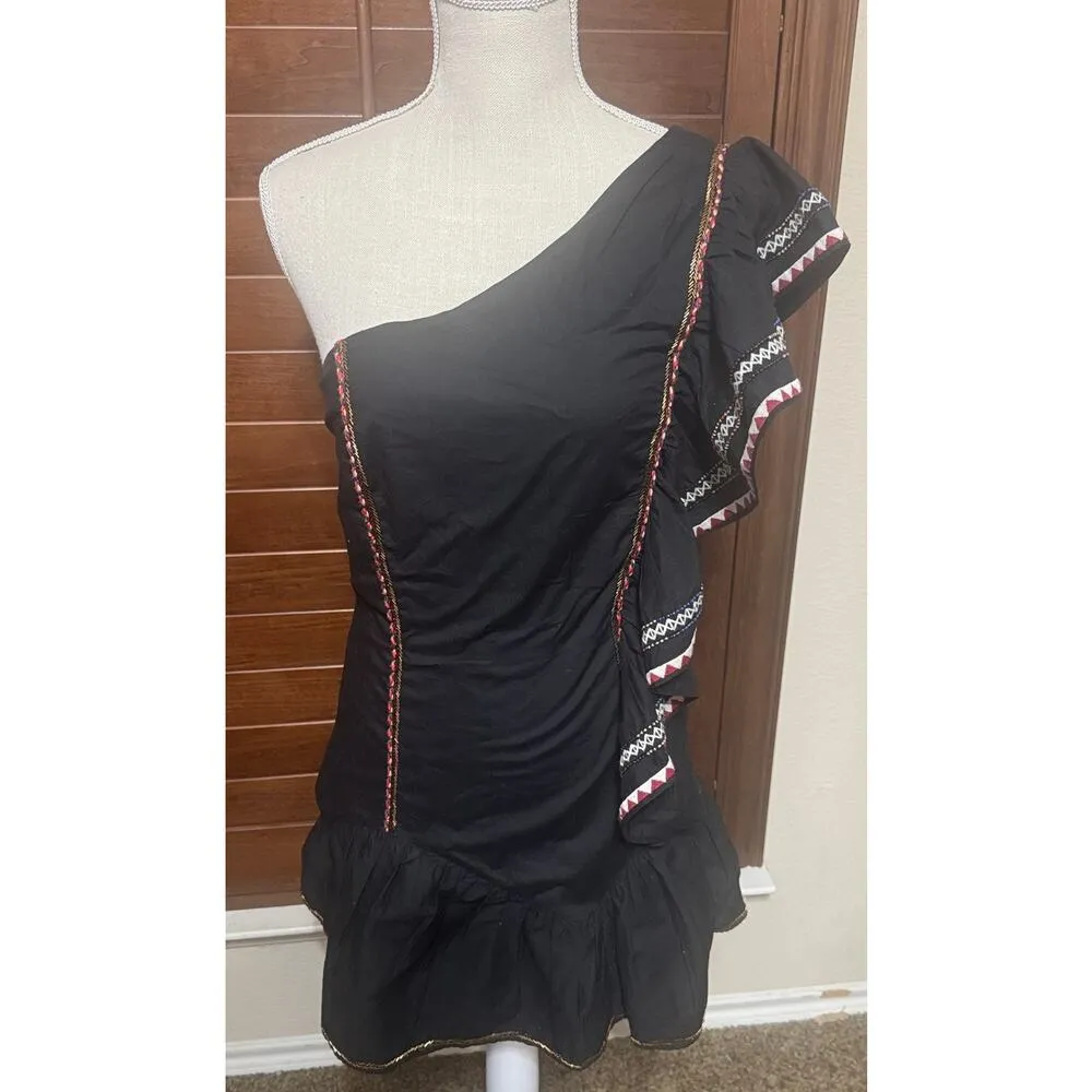 Love Shack Fancy Black 100% Cotton One Shoulder Ruffle Dress sz 2 Mexican Fiesta - Image 2