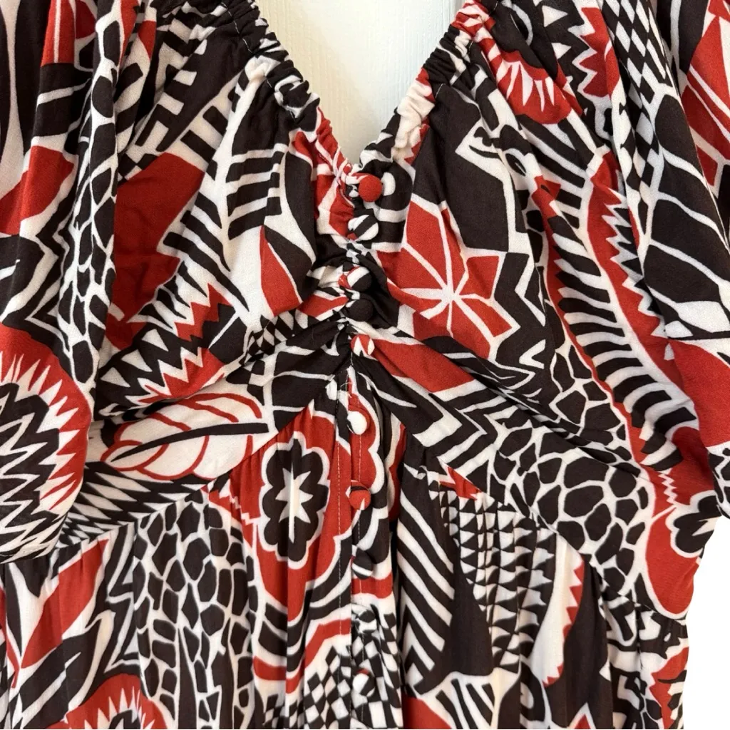 By Anthropologie XL Tiered Maxi Dress Red Pattern Short Sleeve V-Neck‎ Buttons - Image 9