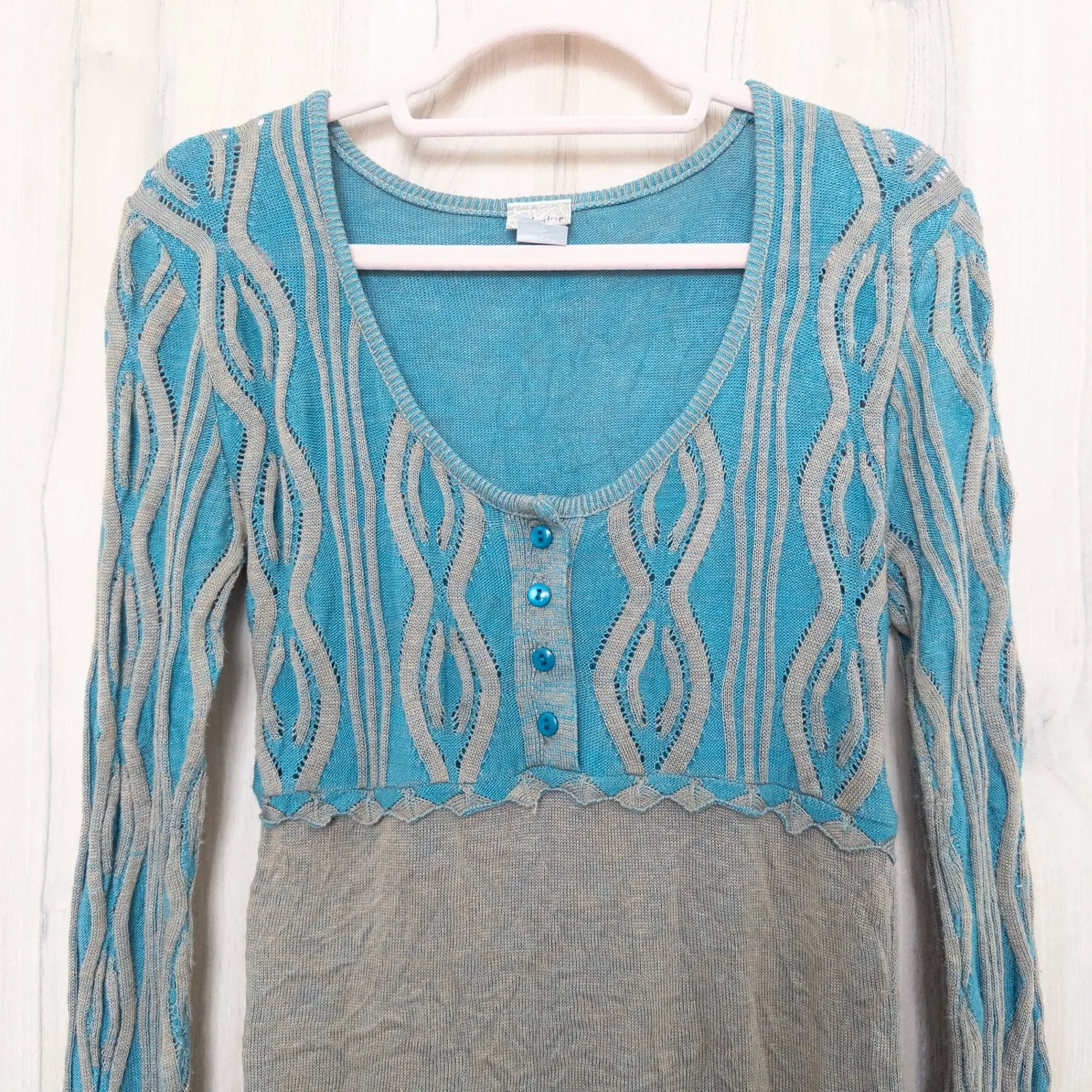 Vintage Y2K Daytrip Womens Babydoll Top Size M Blue Tan Cable Knit Long Sleeve - Image 2