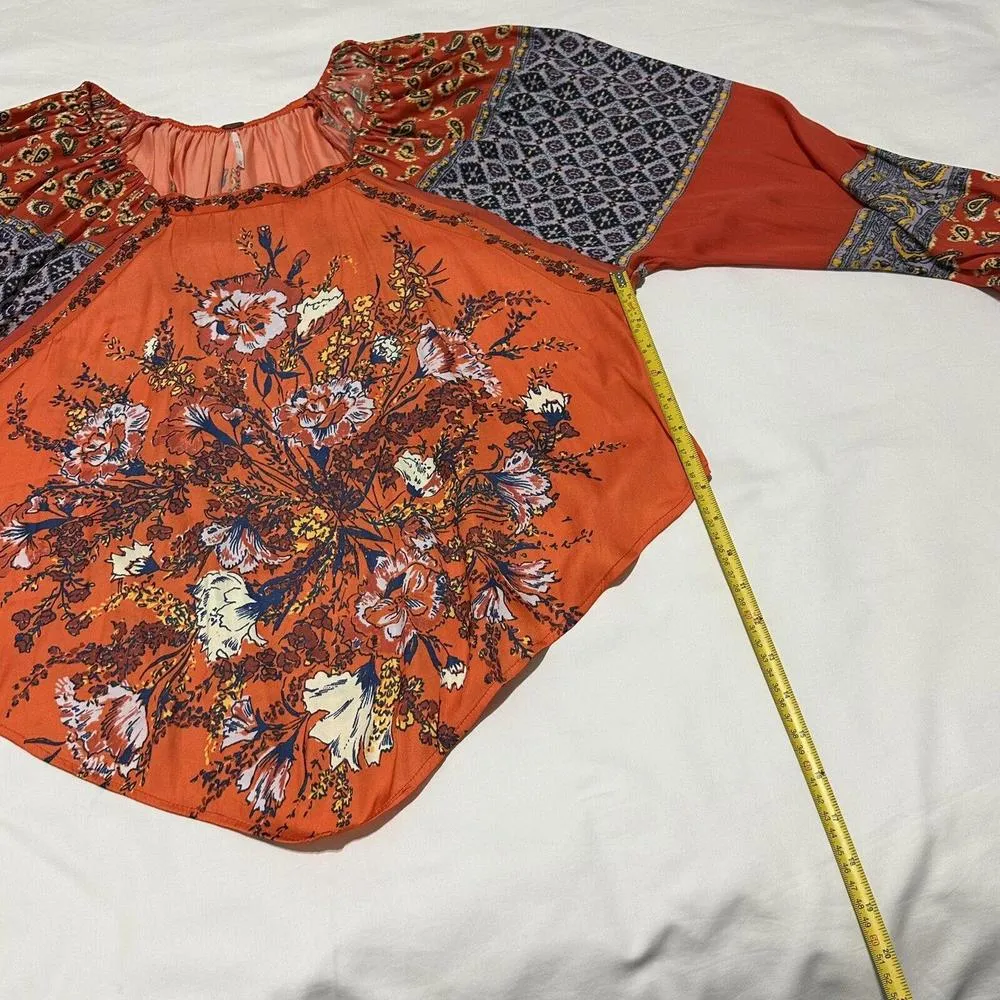 Free People Positano Floral Boho Blouse Balloon Sleeves Orange Sz XS Extra Small - Image 9