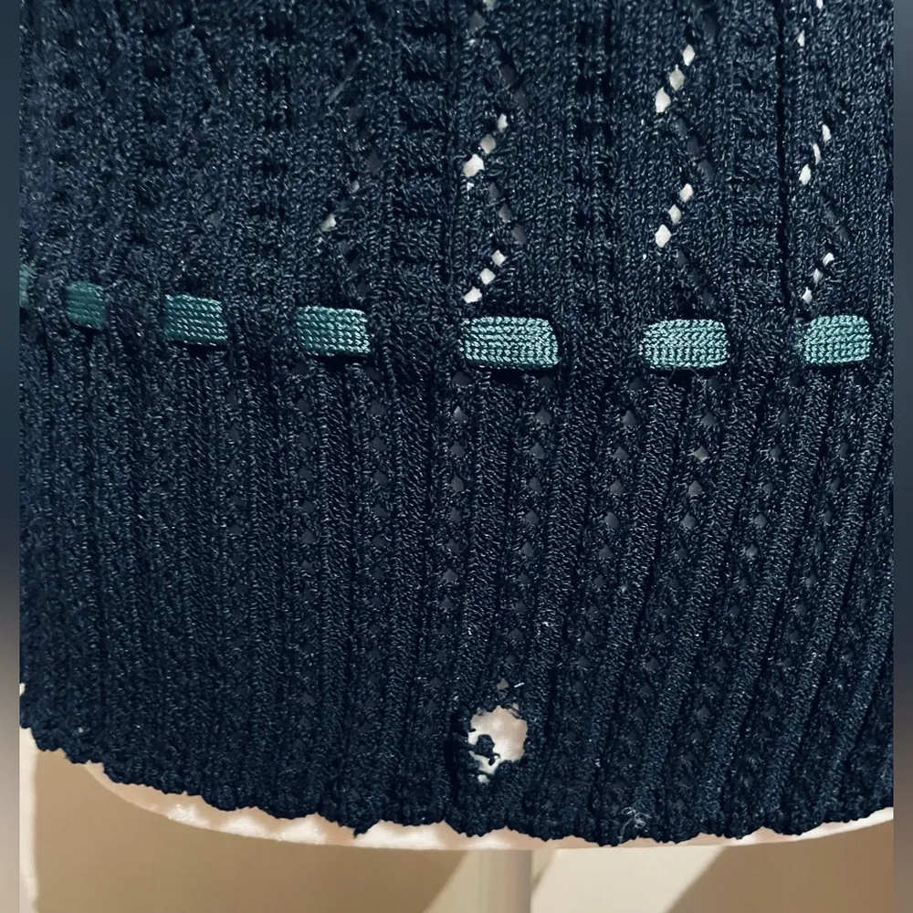 St. John Vintage Navy Knit Sleeveless Sweater Vest With Teal Ribbon Detail - Image 7