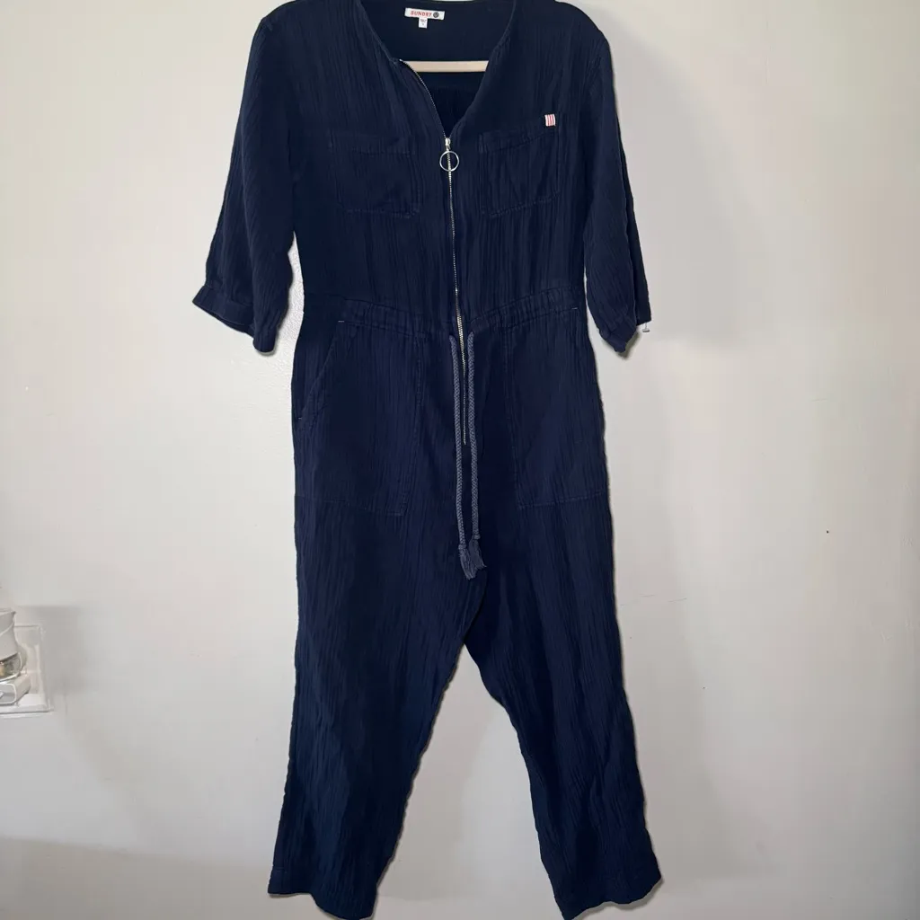 Sundry Anthropologie Waisted Jumpsuit Navy Gauze Size S Zipper /‎ 4 Pockets - Image 4