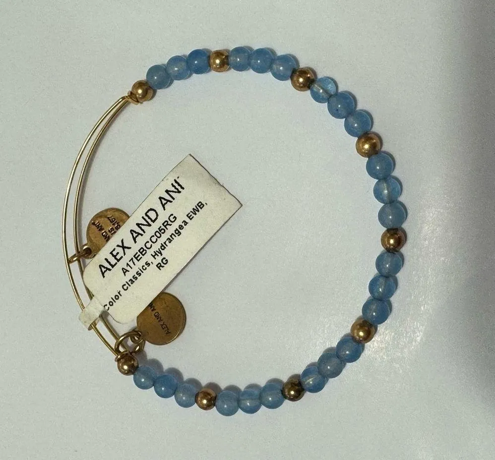 ALEX AND ANI NEW  color classic hydrangea blue beaded gold tone bangle bracelet - Image 2