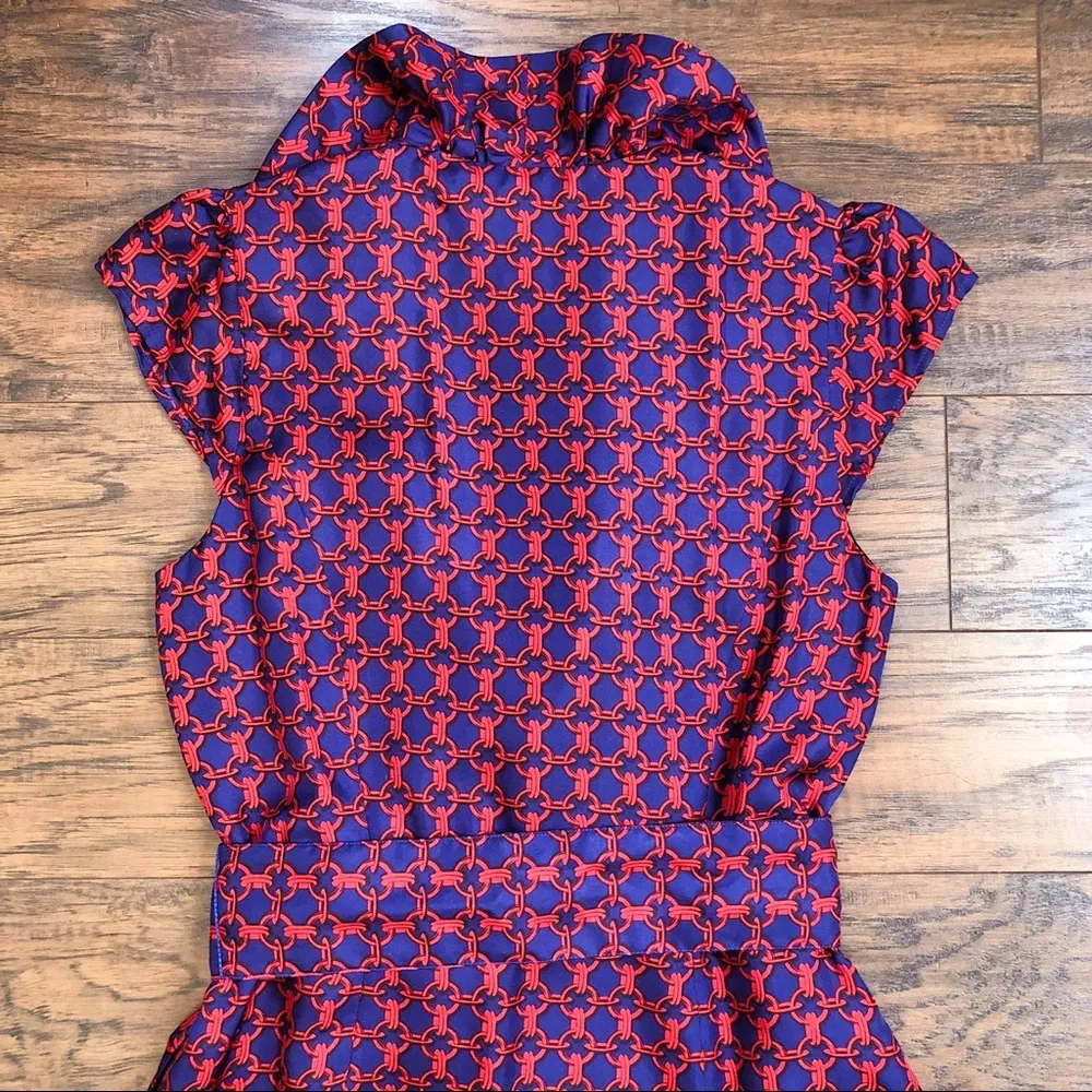 Elizabeth McKay • Scotland wrap dress ruffle silk red & navy blue chain link Size 6 - Image 10