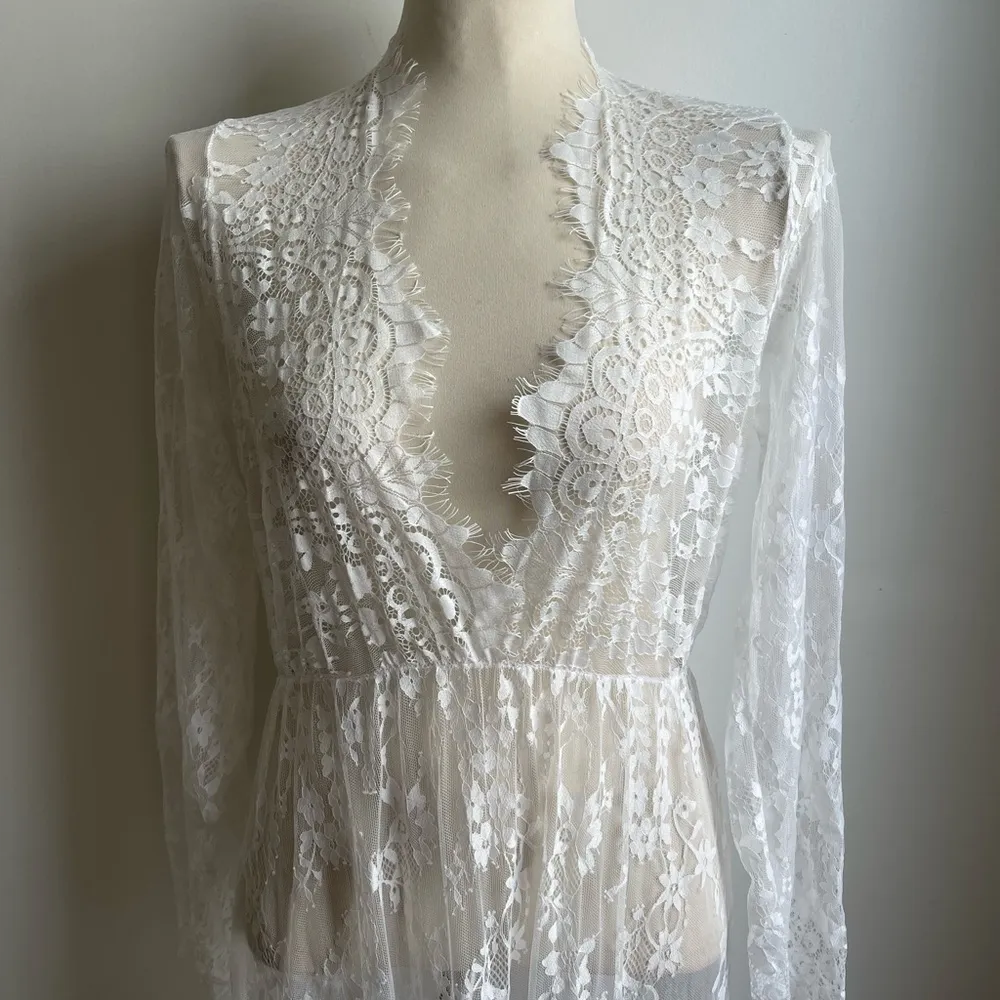 White Lace Long Sleeve Maxi Dress Peignoir Bridal Gown Boho Size Large Romanstii - Image 2
