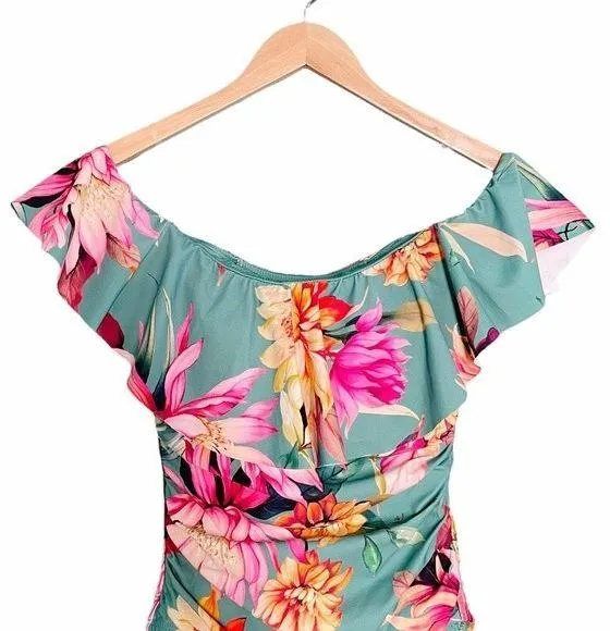 NWT La Blanca Jade Garden Floral Off Shoulder Ruffle One-Piece Swimsuit Size 8 - Image 5