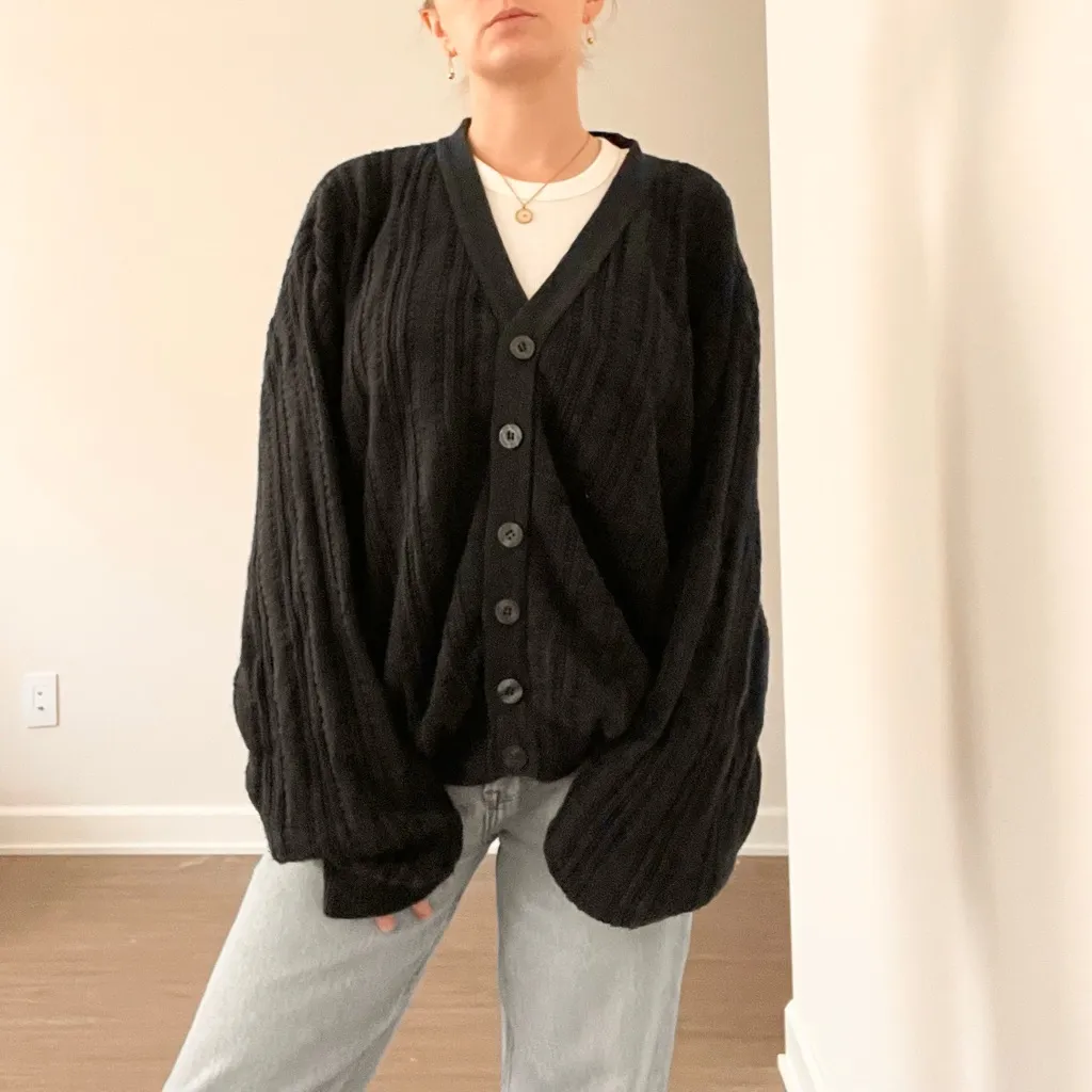 Bill Blass Navy Blue Textured Button-Up Cardigan Sweater - Image 3