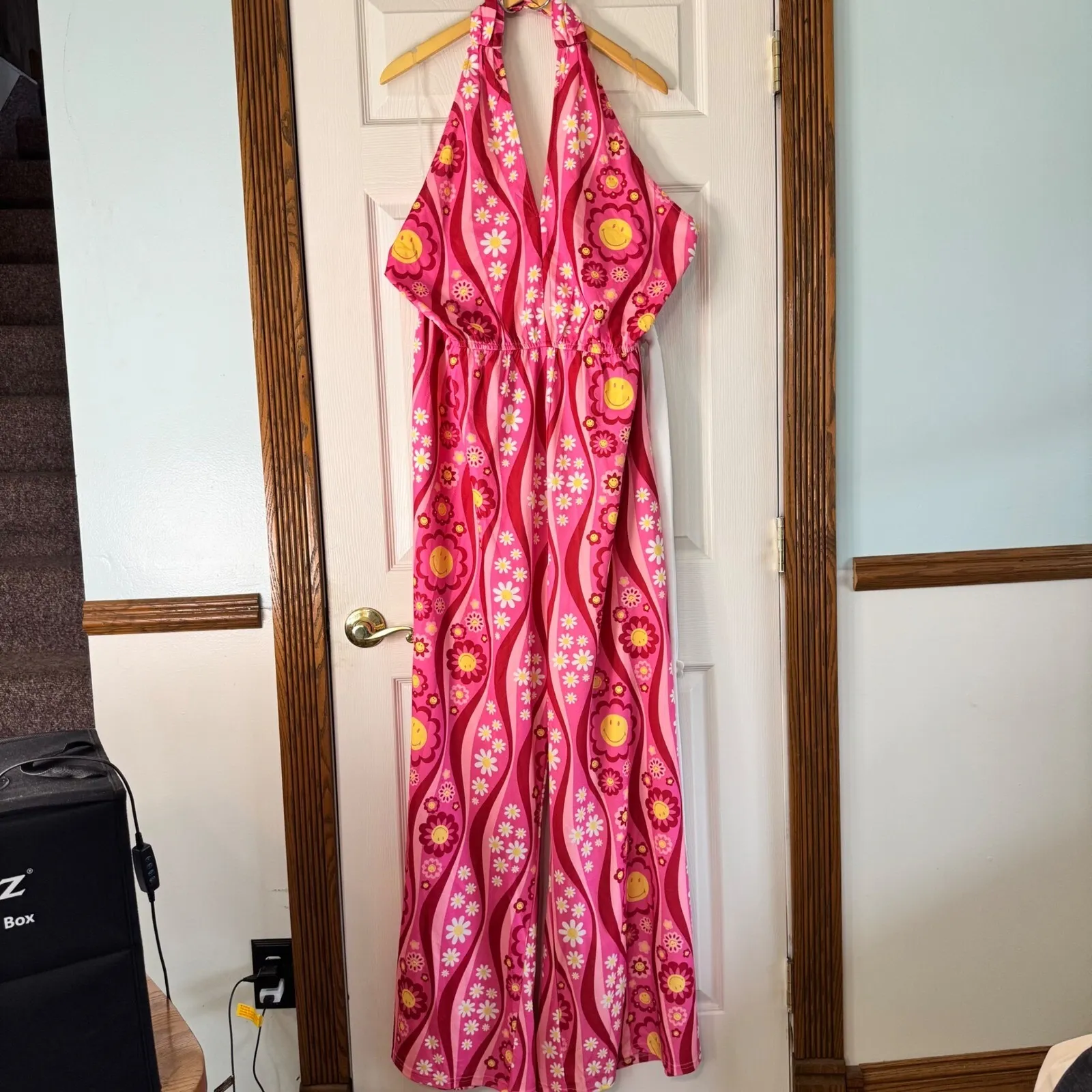 Smak Parlour Smiley Flower‎ Power Jumpsuit Halter Pink Retro flower Belt L/10 - Image 8