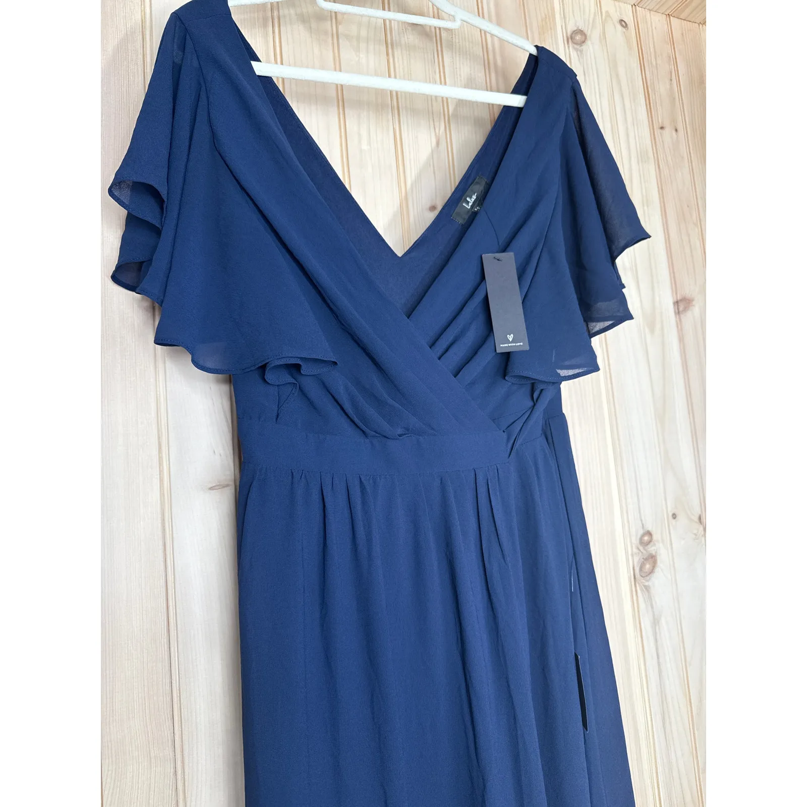 NWT Lulus Convincing Grace Navy Blue Flutter Sleeve Wrap Maxi Dress Wedding L - Image 4