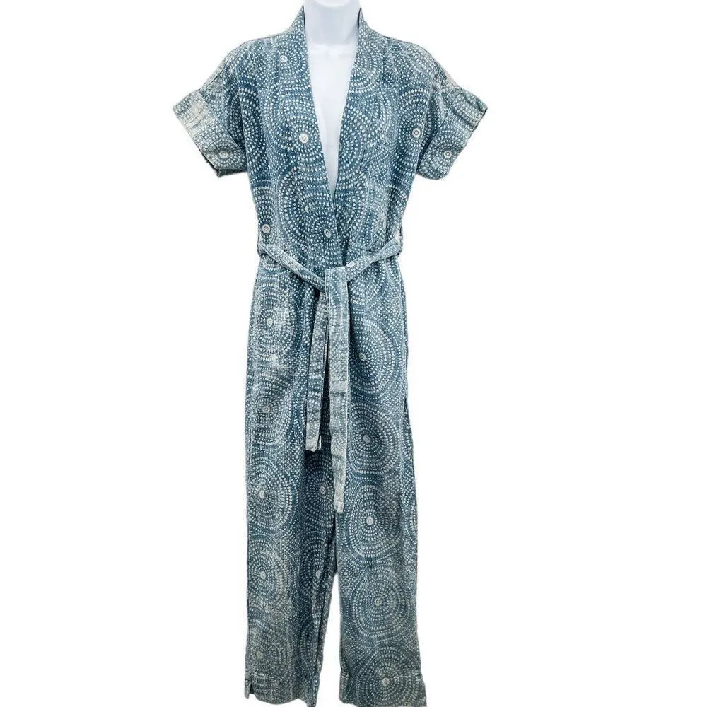 Cleobella Tominaga Indigo Print Short Sleeve Tie Waist Cropped Jumpsuit Romper - Image 6