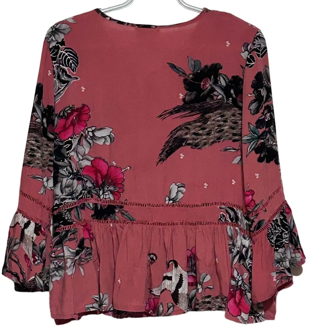 Jaase Women's‎ Coral Floral Pink Black Long Sleeve Tunic Blouse Size M - Image 2