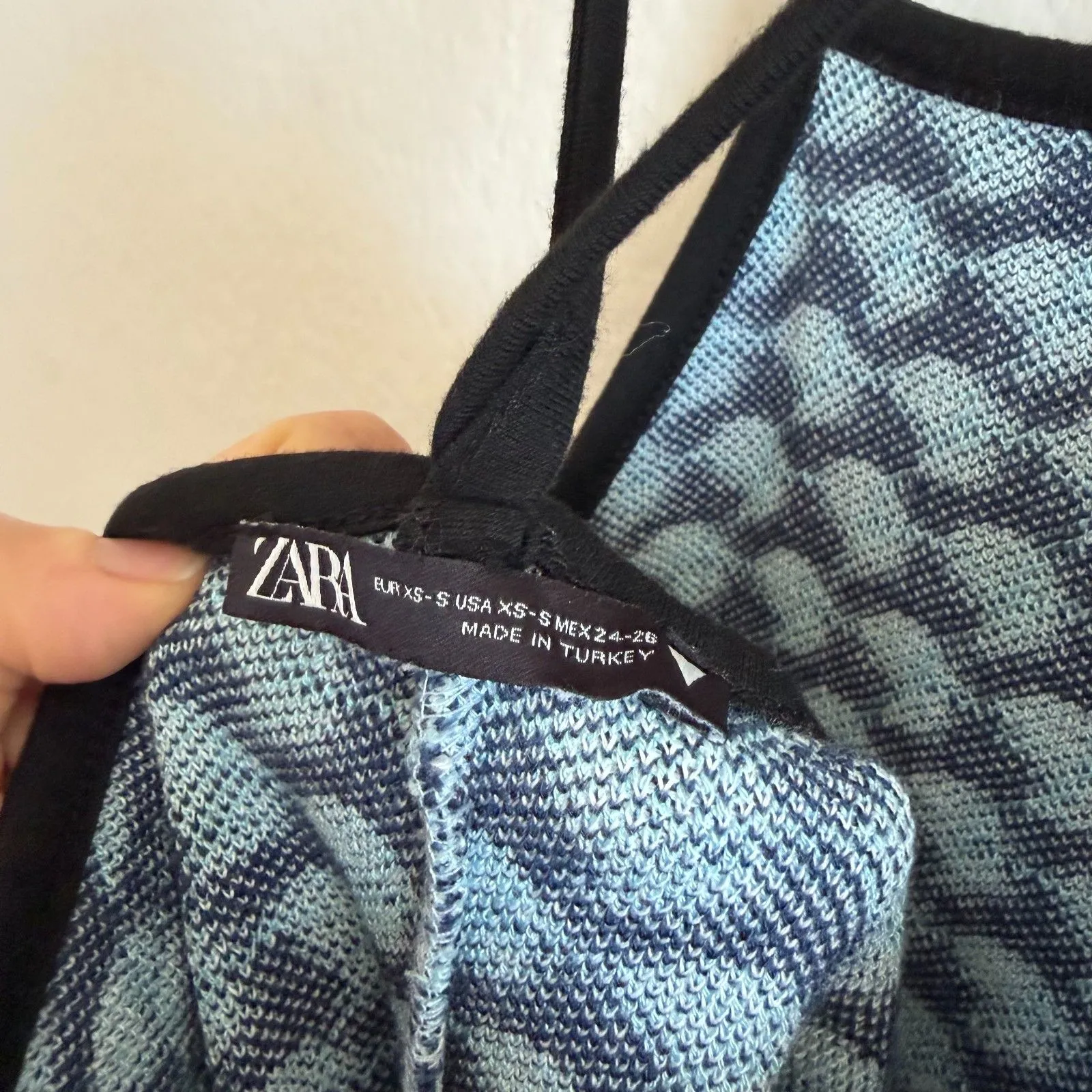 ZARA Jacquard Knit Blue Black Bodycon Midi Dress Womens XS-S Retro Chic Workwear - Image 5