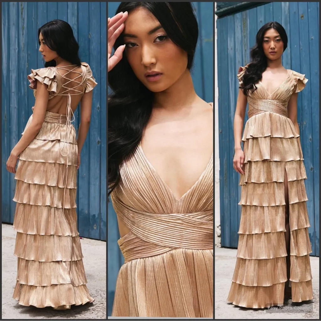 Mac Duggal 26740 Gold Ruffle Tiered Criss Cross Lace Up Gown Dress - Image 2