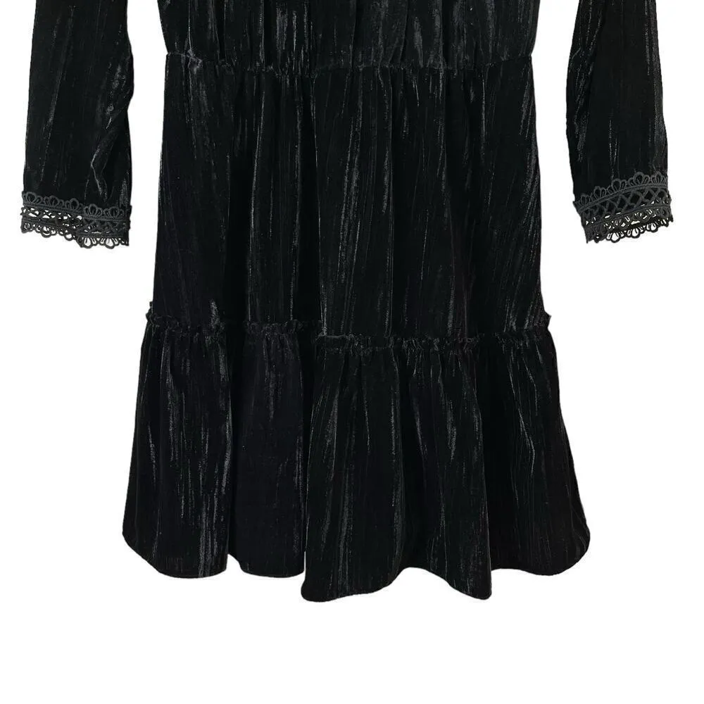 Shoshanna Primrose Velvet Dress Jet Black Long Sleeves Mock Neck Crochet Trim, 6 - Image 10