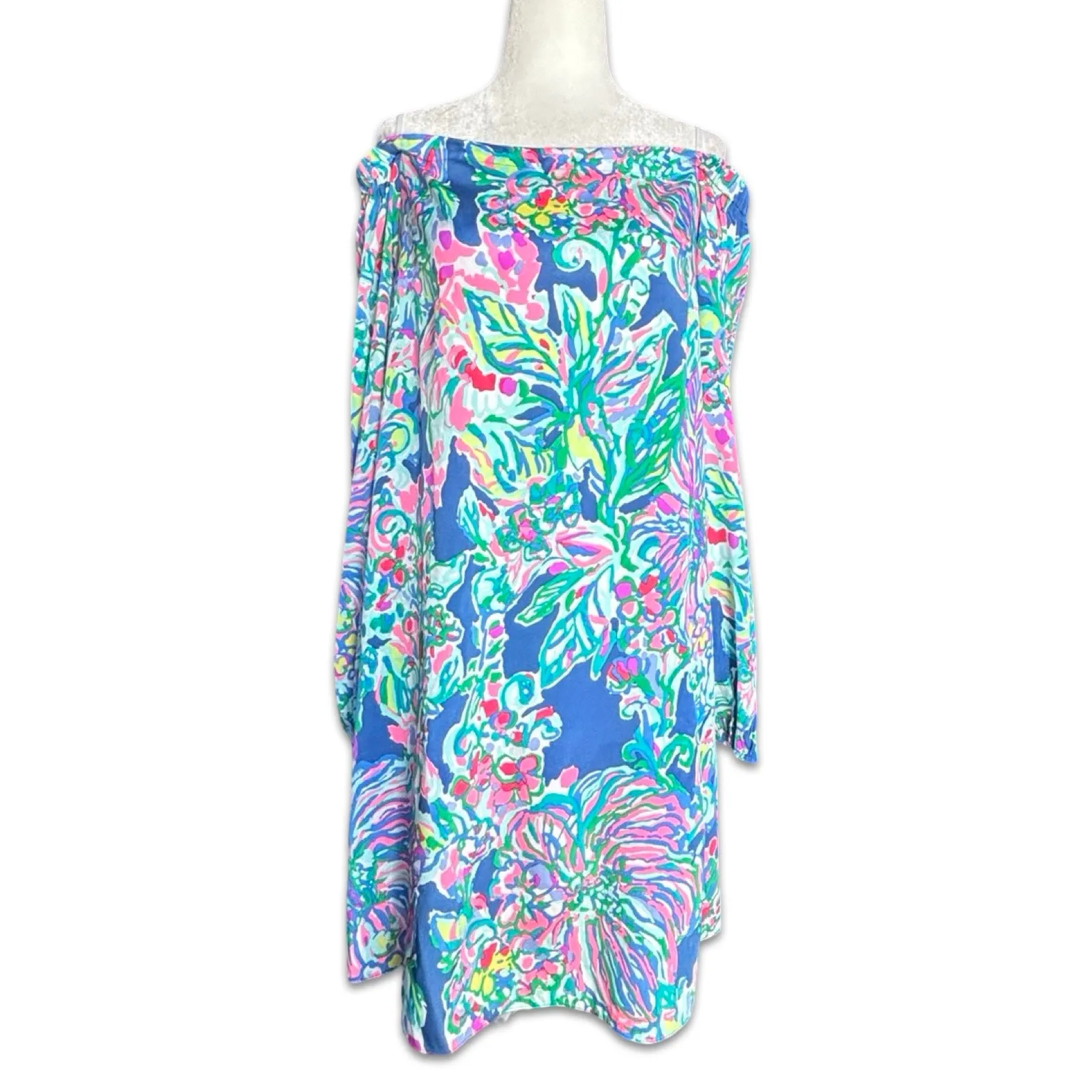 Lilly Pulitzer Adira Off Shoulder Silk Dress Indigo Exotic Escapade Small Resort - Image 9