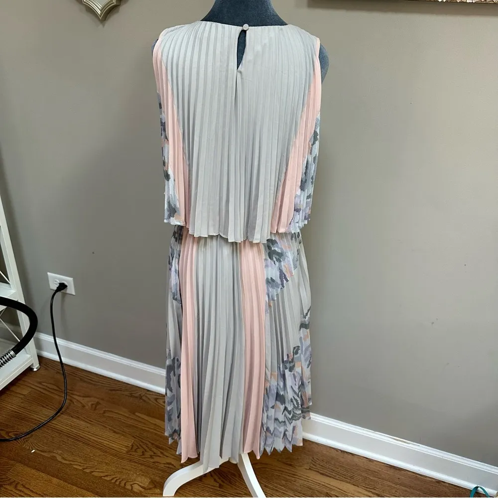 BCBG S Floral Ola Pleated Jaelyn Block Dress Midi Cocktail Wedding Pink Grey - Image 6