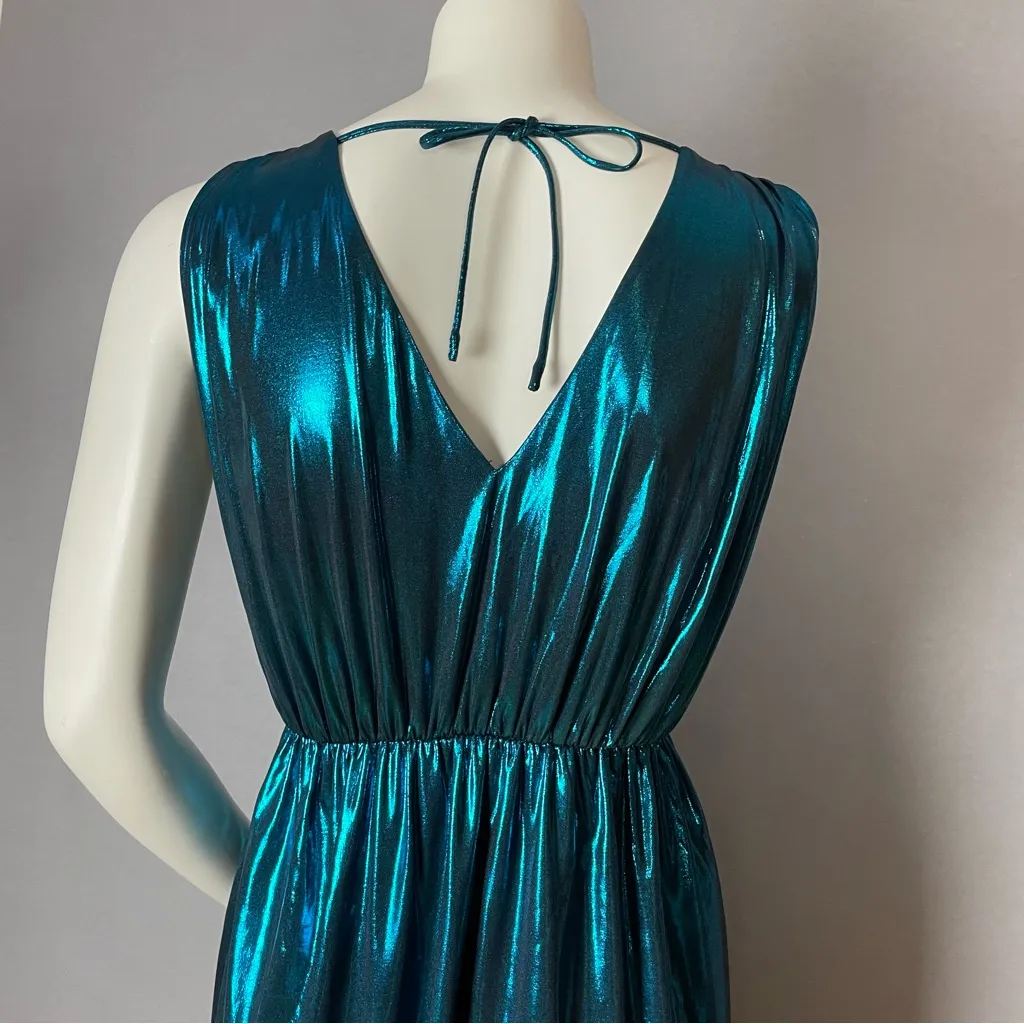 Zara Dress Metallic Wrap Style Blue Size XS Disco Party Grecian Tie Retro V-Neck - Image 9