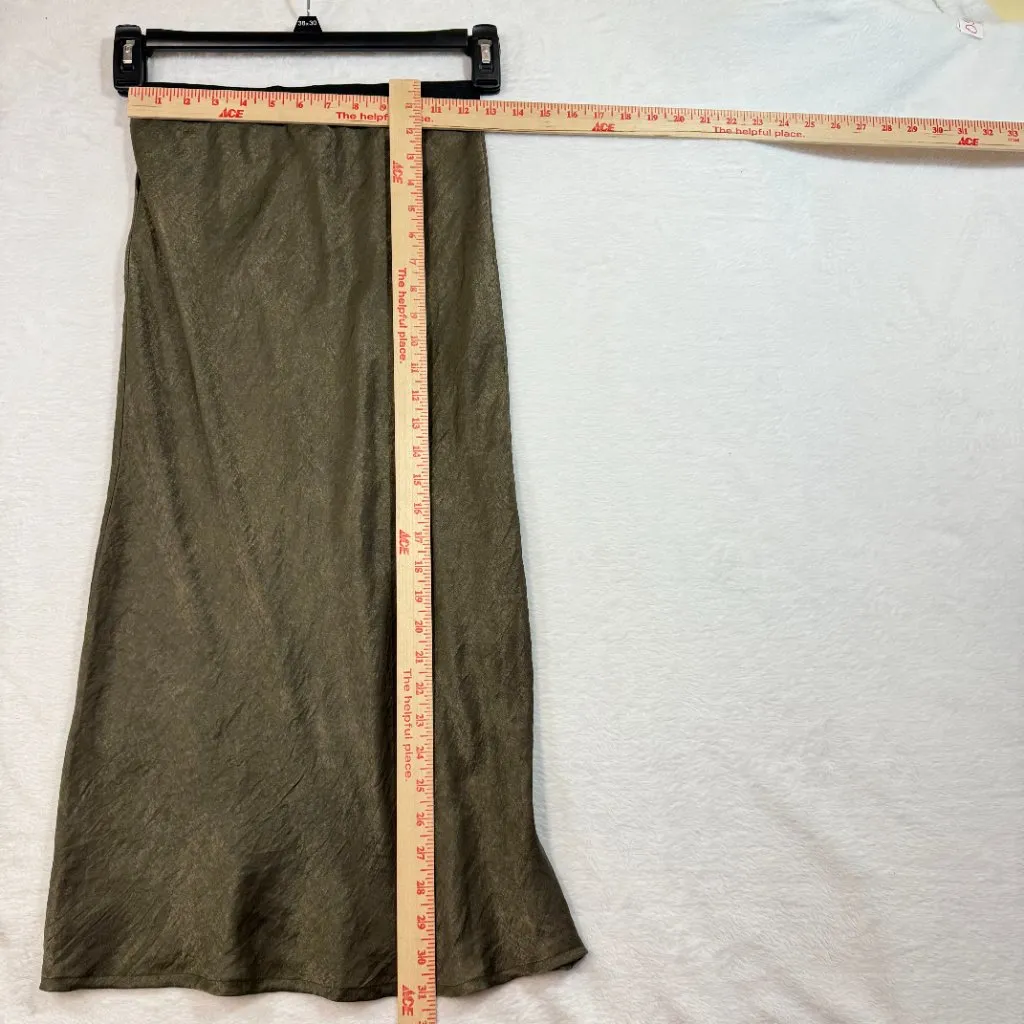 Bobeau XS Olive Green Satin Bias Slip Skirt Midi Stretch Minimalist Quiet Luxury - Image 8