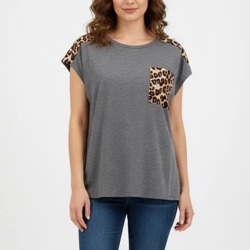 MIROL Women's Gray Leopard Pocket Cap Sleeve T - Image 8
