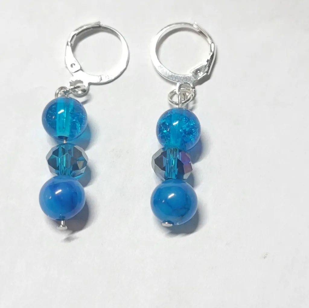 Natural Crystal Blue Vein Crackle Beaded Drop Earrings 925 SS Stamped - Image 3