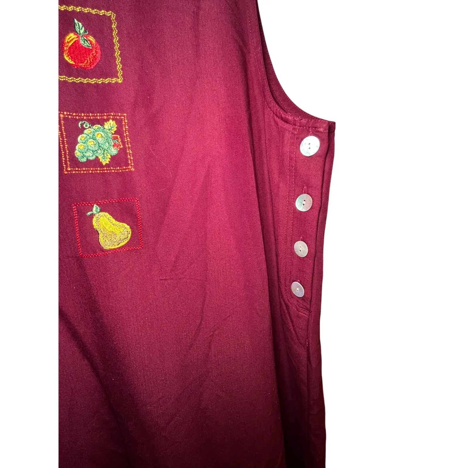 Vintage 90s Maxi Jumper Dress 14 Red Cotton Embroidery Side Buttons Cottagecore - Image 6