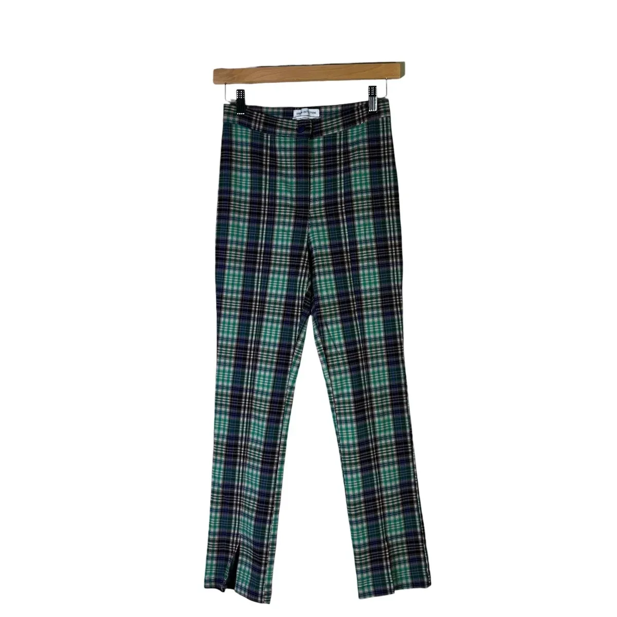 Urban Outfitters Plaid High Rise Skinny Pants Womens 4 Green Plaid Split Hem 90s - Image 2