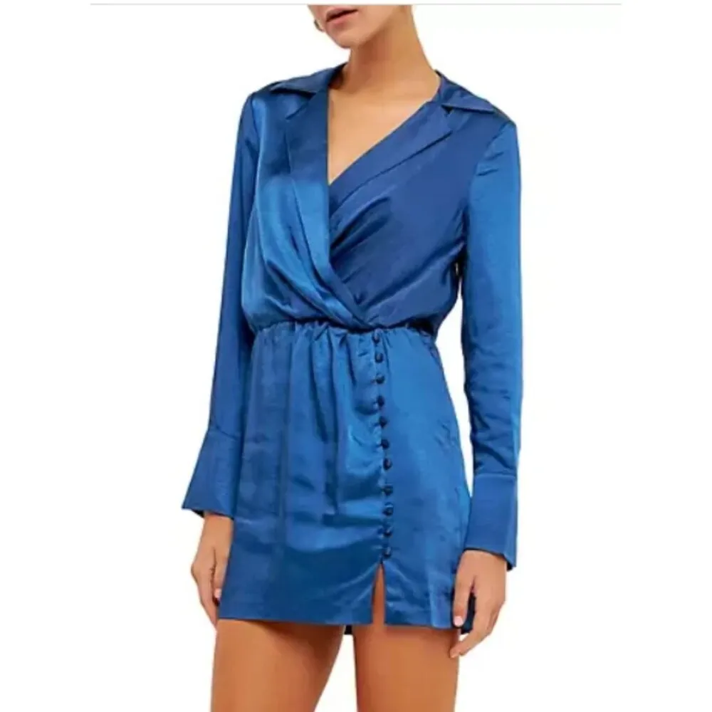 NWT Endless Rose Women's Long Sleeve Olympian Blue Satin Minidress Sz Medium - Image 2
