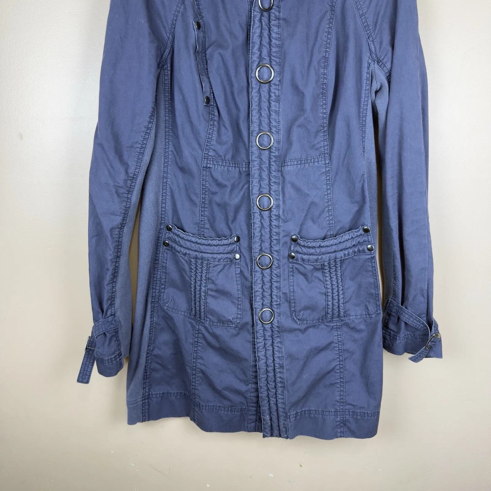 Free People Women’s Blue Military Utility Jacket Coat Long Mock Neck Boho Sz 10 - Image 3