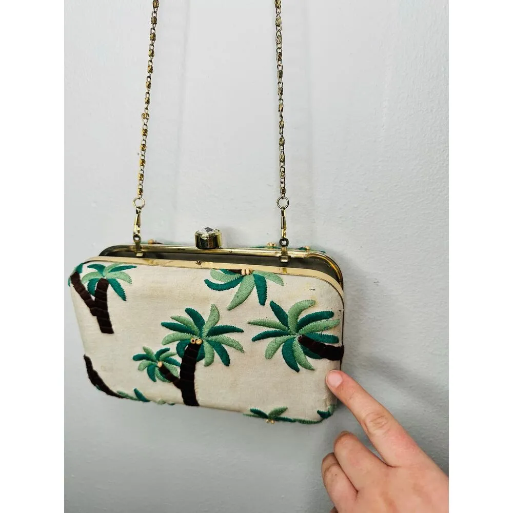 AREA STARS Embroidered Palm Tree Box Clutch Jewel Clasp Handbag White - Image 11