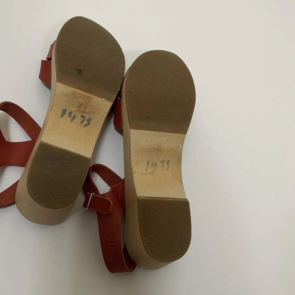 NWOB Swedish Hasbeens Magdalena Red braided leather wooden clog heels size eu 41 - Image 8