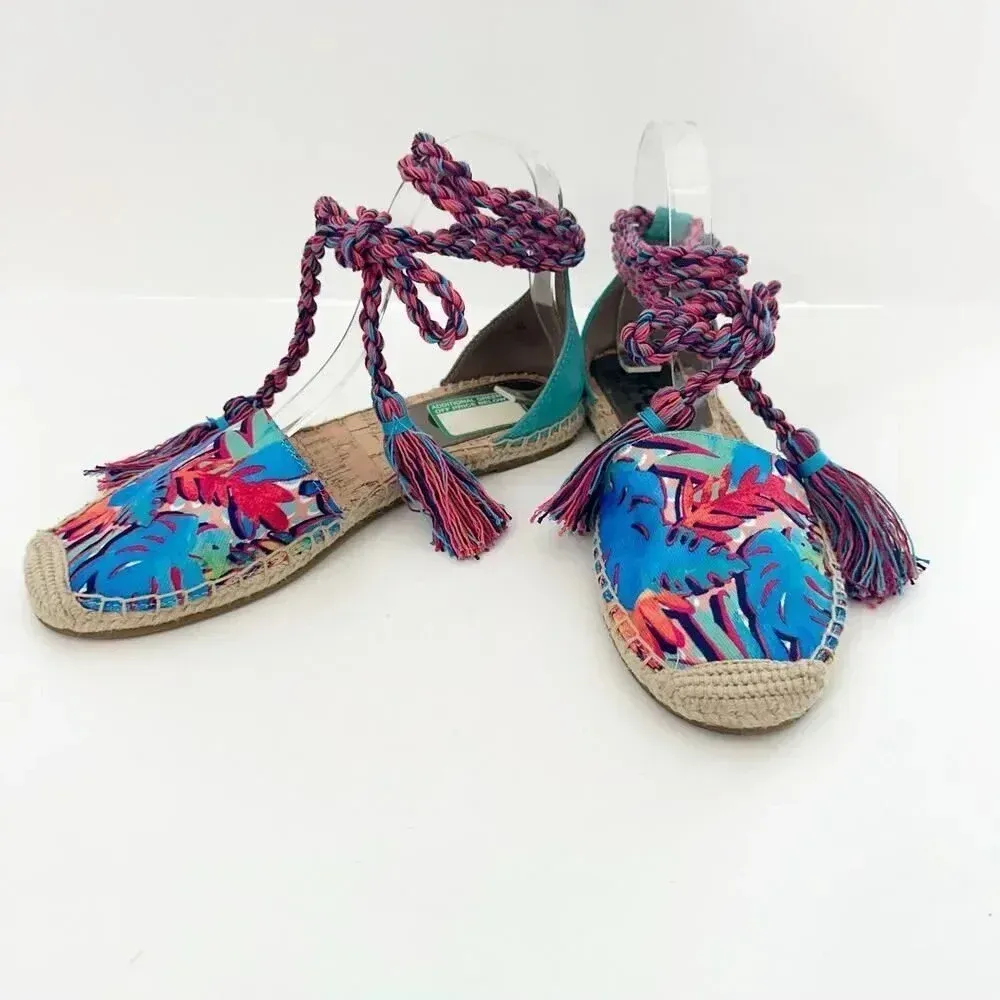 SAM EDELMAN‎ Size 7.5 Lenora Multicolor Vibrant Wrap Espadrille Flat Tassel - Image 2