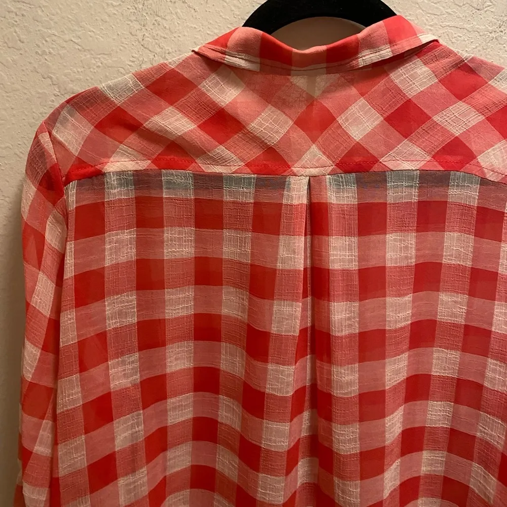 Free People Red & White Gingham Sheer Button Down Blouse Size Small - Image 11