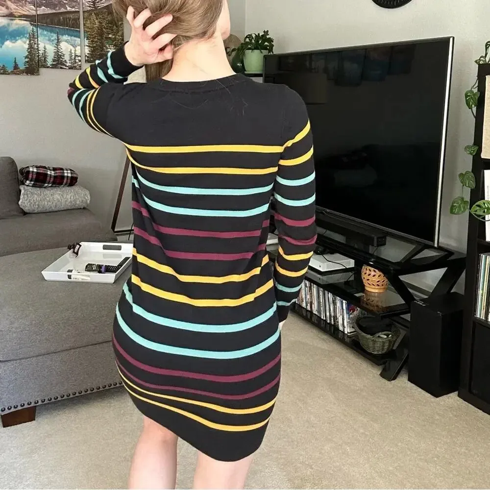 Modcloth Black Multicolored Striped Long Sleeve Dress Medium - Image 3