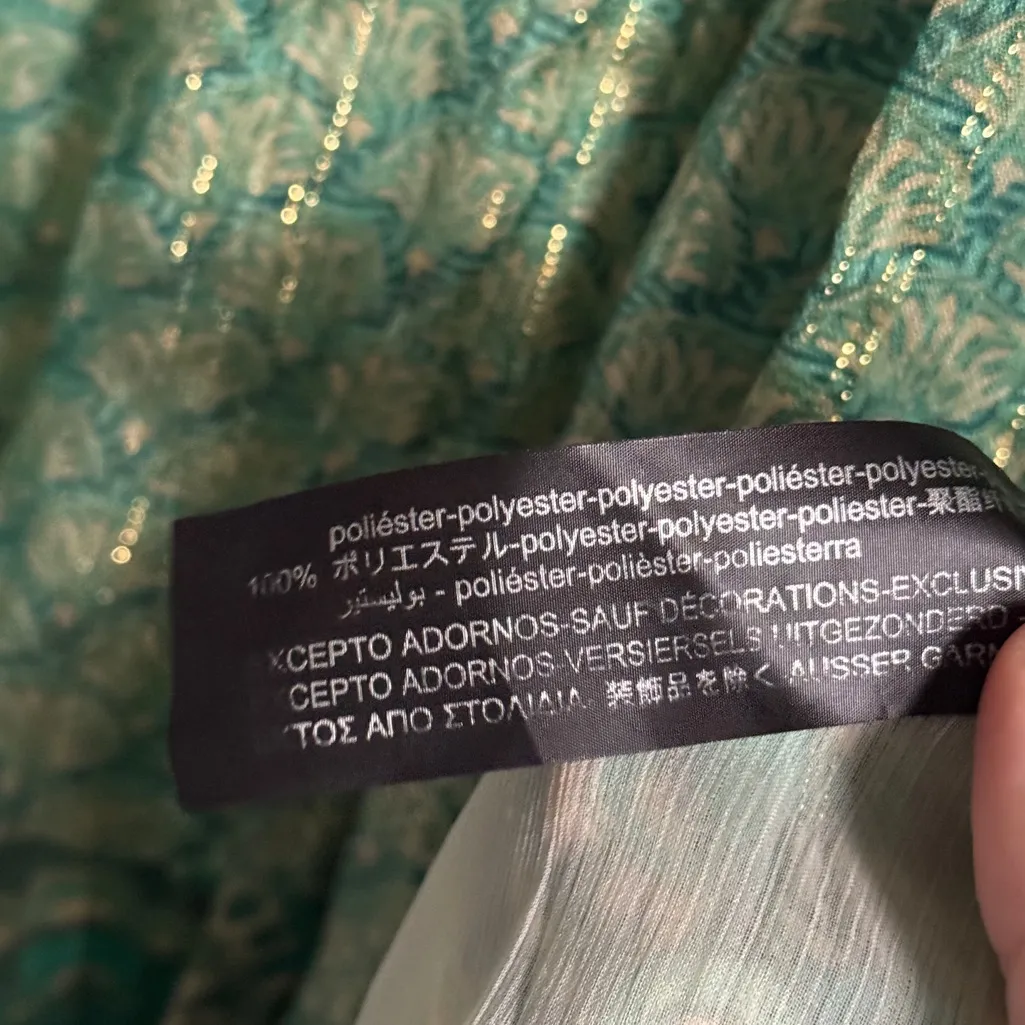 Zara Maxi Dress Green Metallic Gold Tiered Flowy Bohemian Size XS SMALL oversize - Image 10