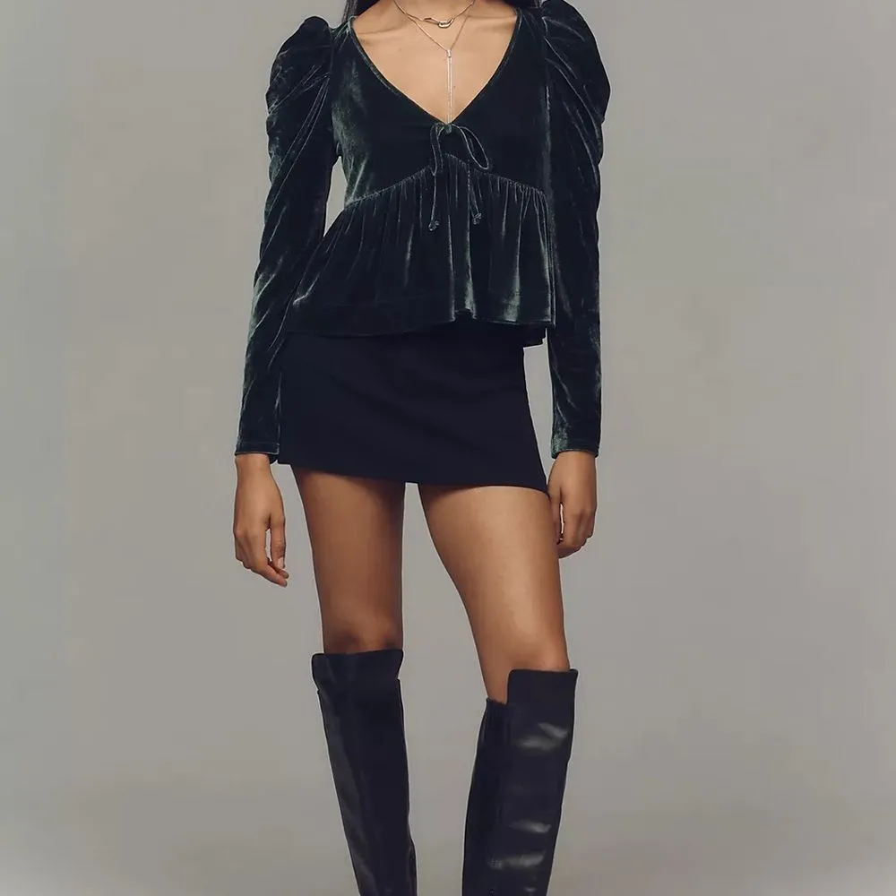 NWT Anthropologie Dark Green Maeve Velvet Babydoll top size XS. - Image 5