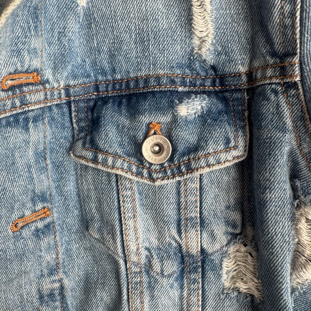 Zara Blue Distressed Jean Jacket Size Medium - Image 5