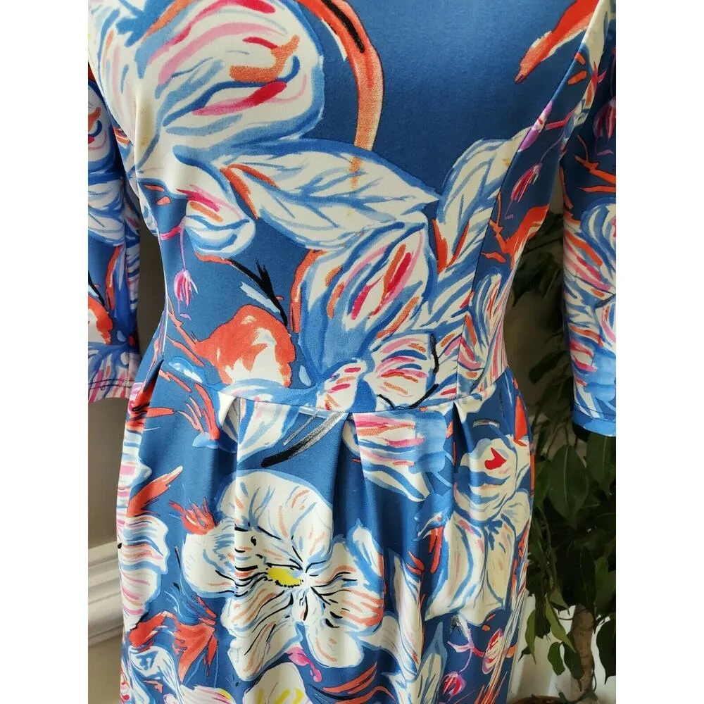 Aryeh Women's Floral Blue Nylon Round Neck Long Sleeve Knee Length Dress Size S - Image 3