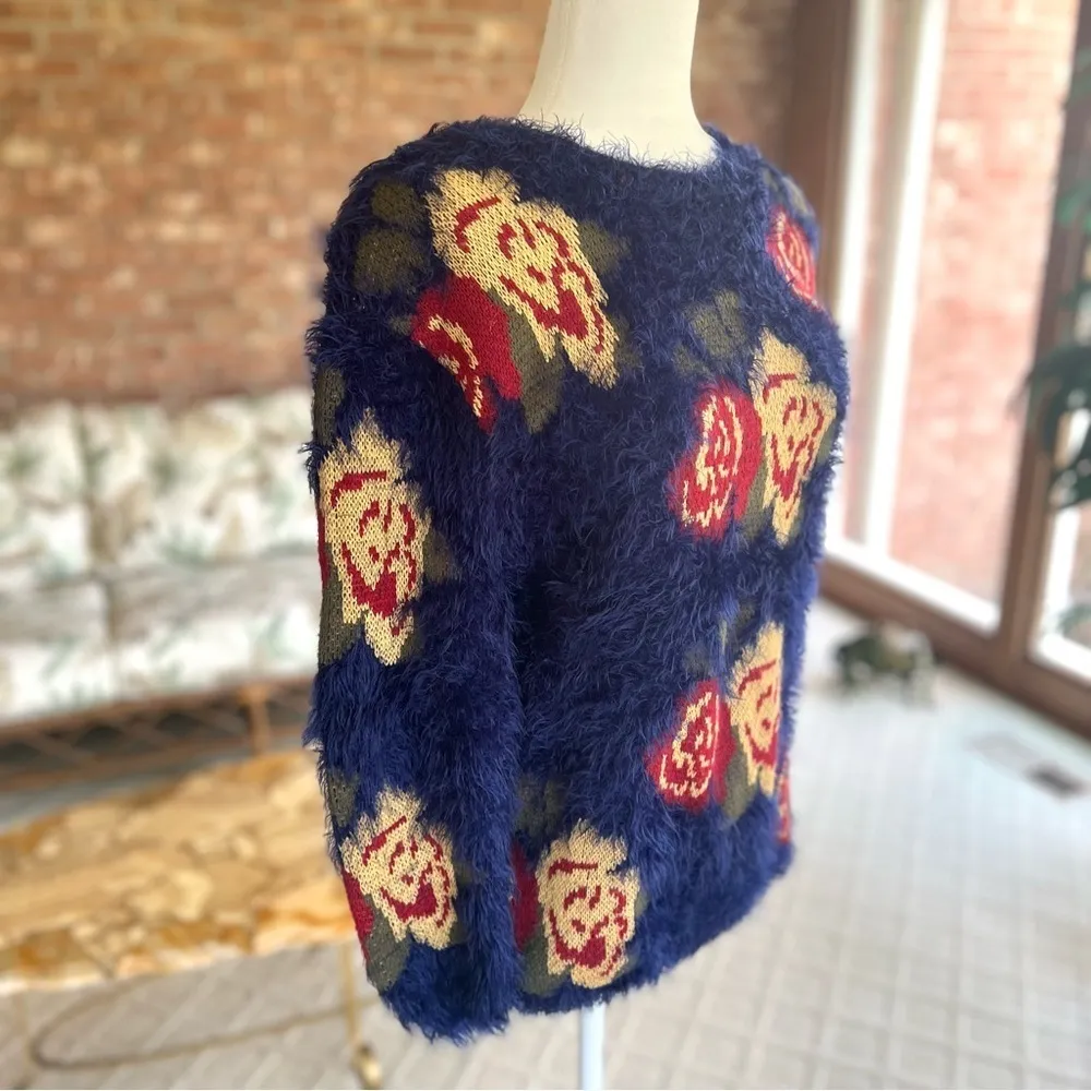 Cotton Emporium Blue Floral Fuzzy Crewneck Sweater S - Image 11