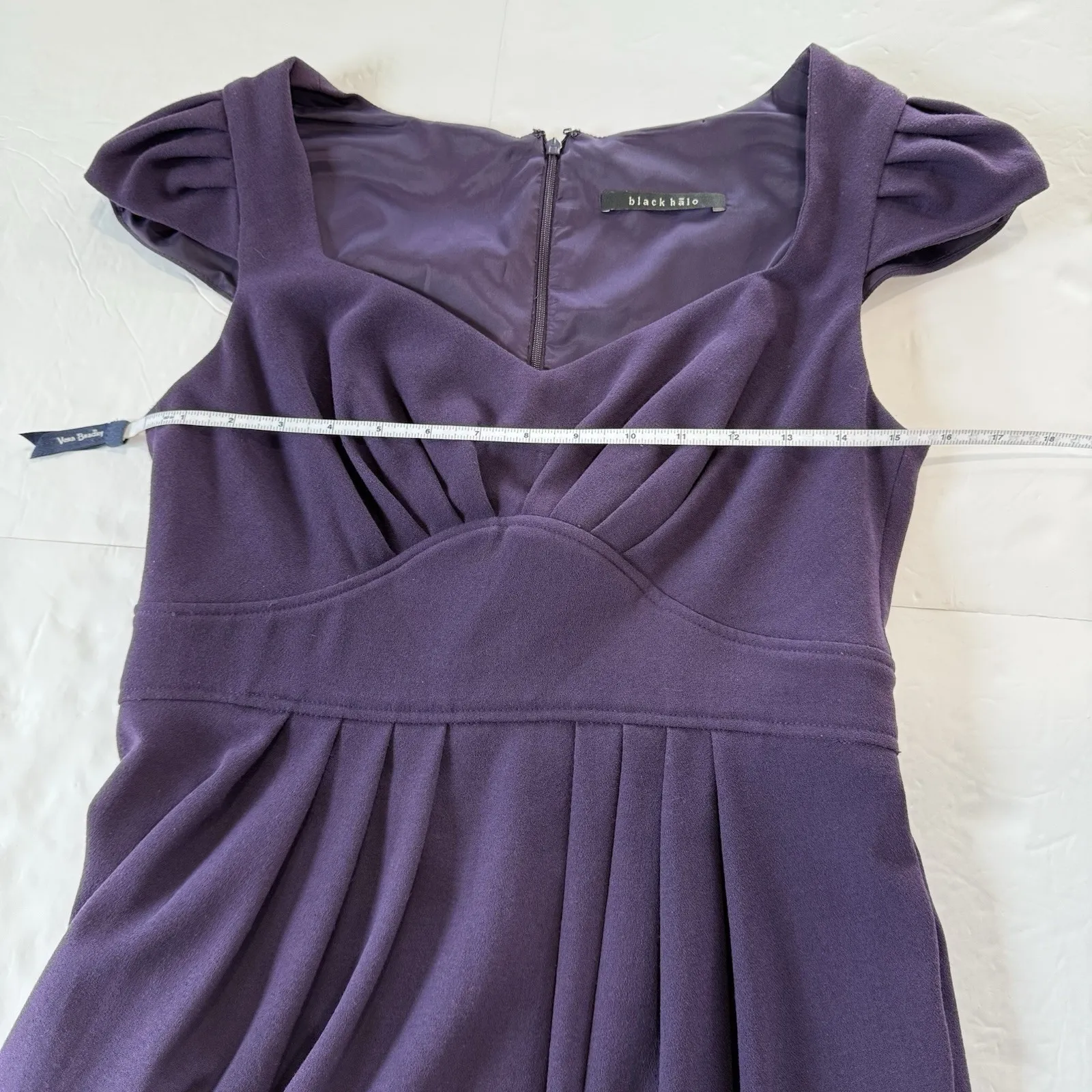 Black Halo Purple Cap Sleeve Empire‎ Pleated Dress Size 8 Pockets - Image 7