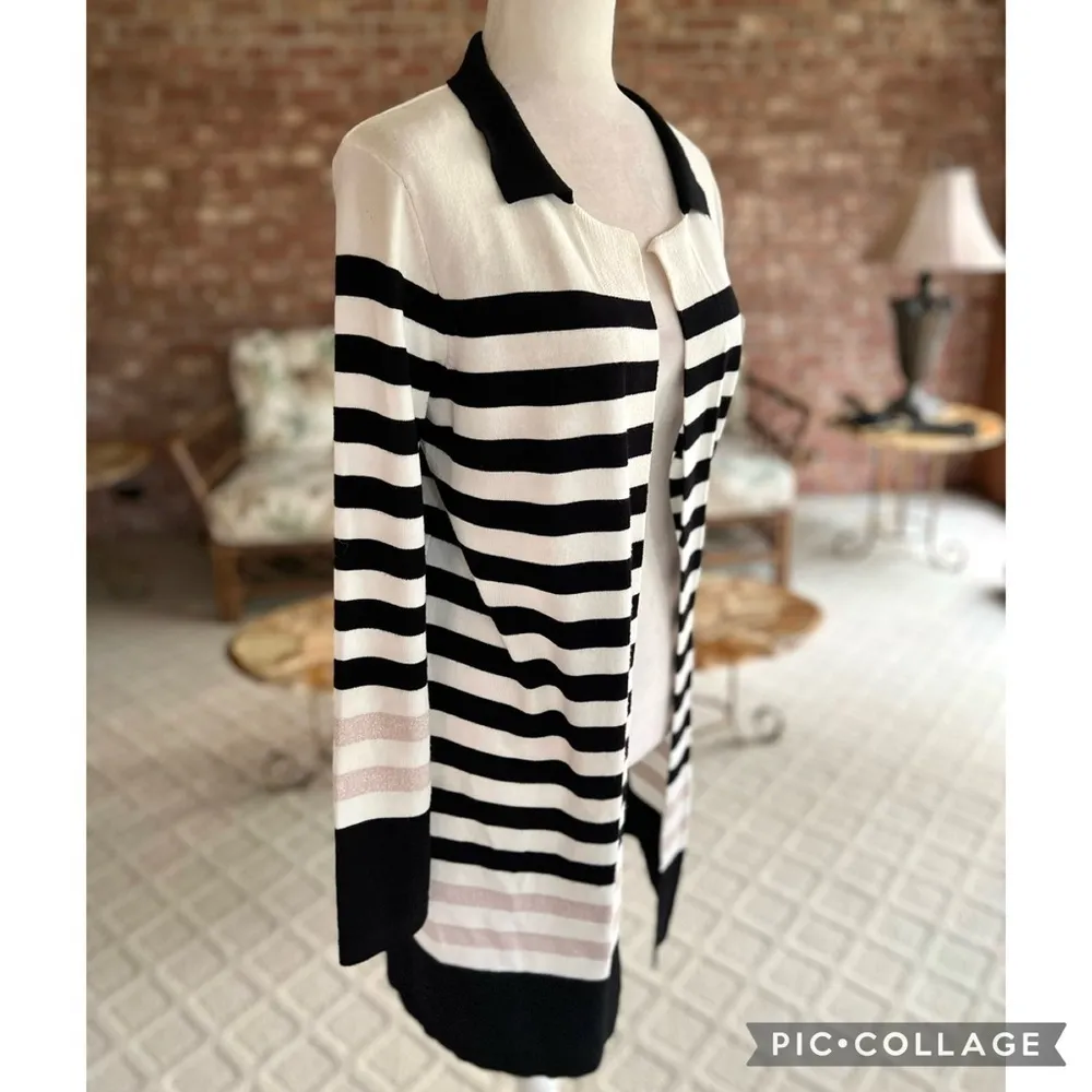 Ivory Cardigan Open Front Striped Black Pink Shimmer Duster Knit M Long Casual - Image 11