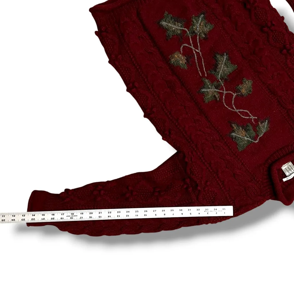 VTG IVY Hand Knit Tunic Sweater Long Sleeve Cable Knit Embroidery Loose Fit S Red - Image 7