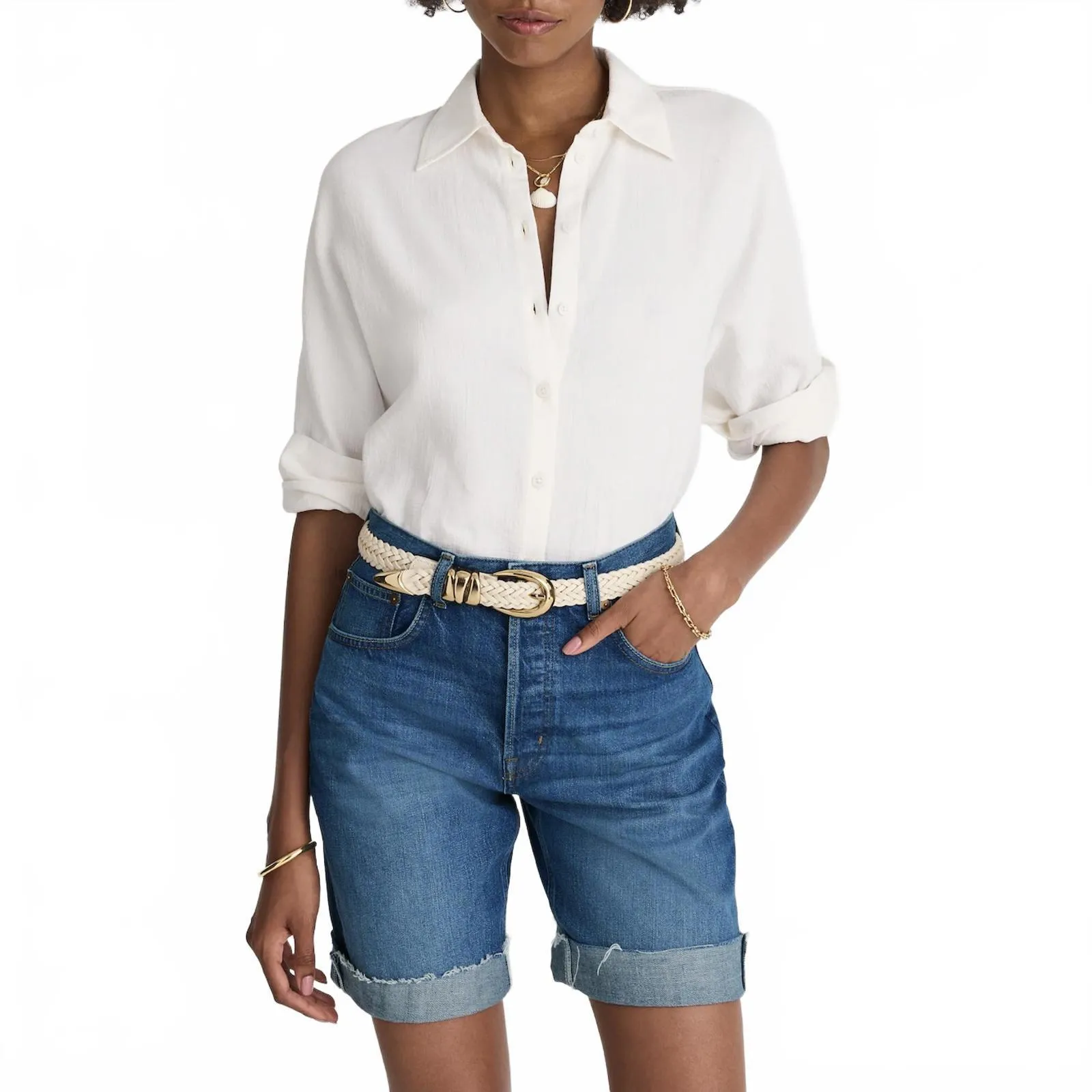 Madewell Long Baggy Cuffed Jean Shorts Rigid Blue Mifflin Wash NWT Size 31 - Image 7