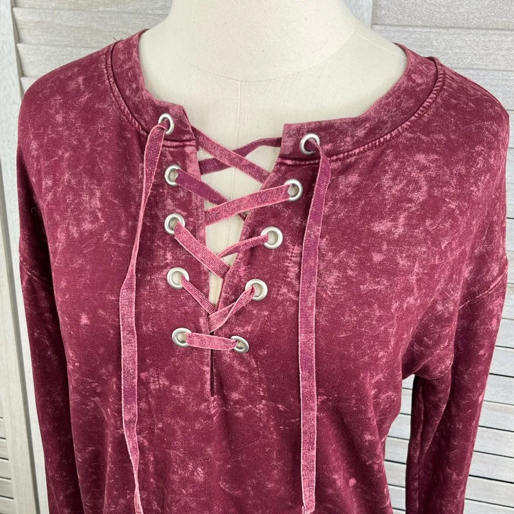 MUDD Long Sleeve Tee with Laced Front Acid Wash Cranberry-Small - Image 2